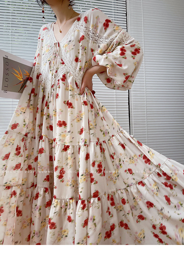 Aconiconi Luxury Yellow V-Neck Print Long Sleeve Loose Resort Dress- Huaye Mucheng