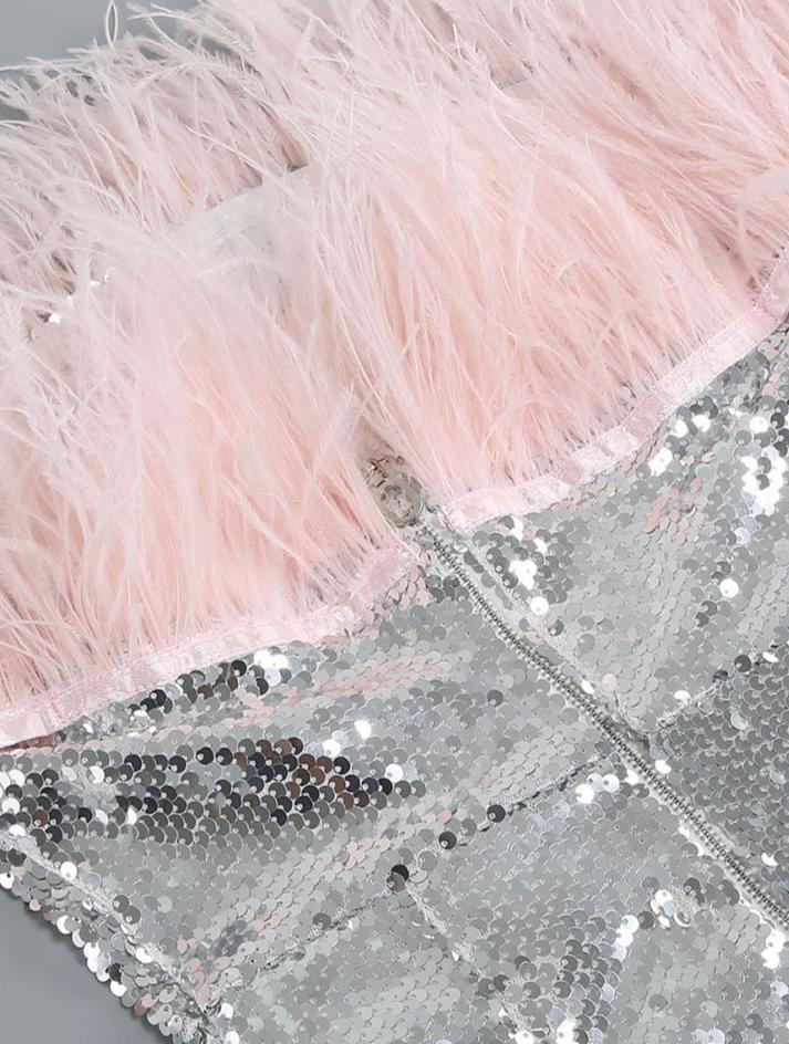 DOLLY Elegant Sliver Off Shoulder Pink Feather Tube Top Midi Dinner Dress-LALYA