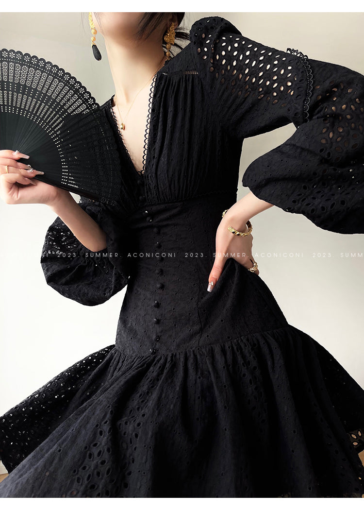 Aconiconi| French coffee break lace cotton white dress - Smoke