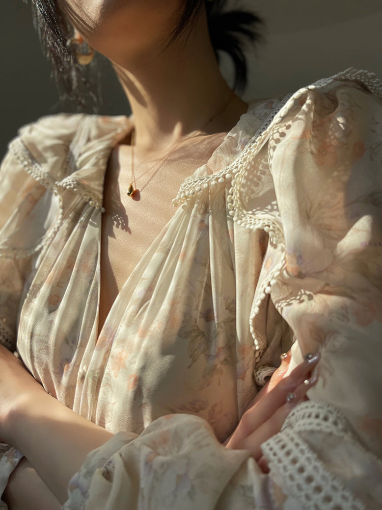 Aconiconi Elegant V-Neck Palace Sleeve Short layered  Dress-Lanshan Qimeng