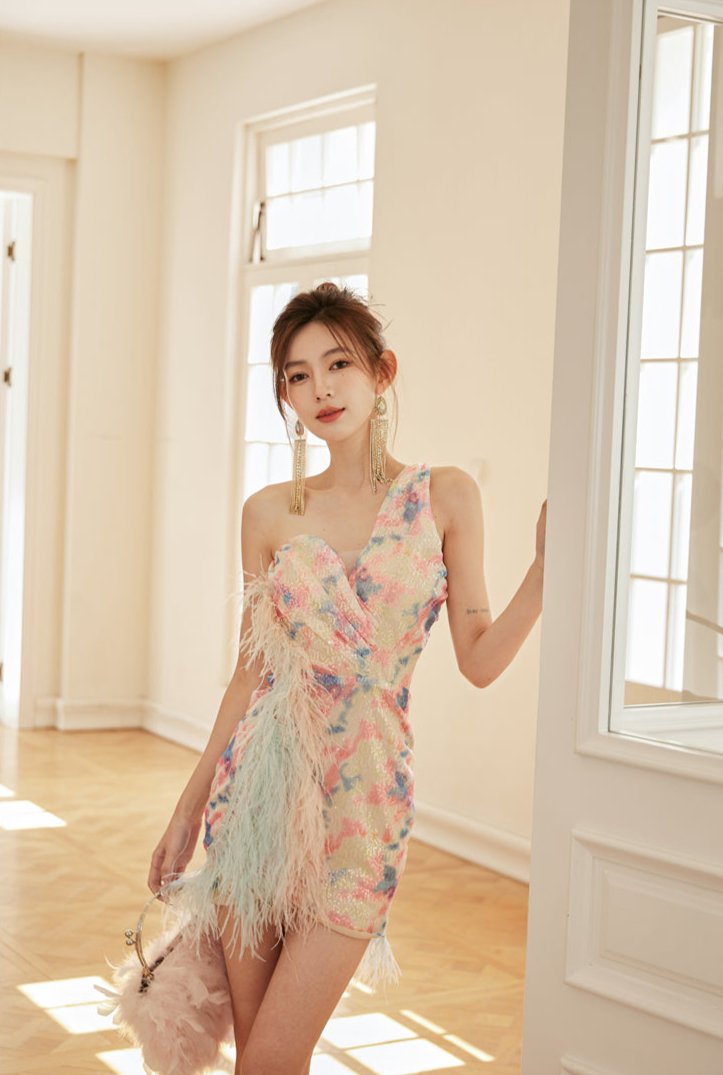 DOLLY Luxury Multi Colored V-Neck Sleeveless Feather Sequin Short Party Dress-FRANKIE