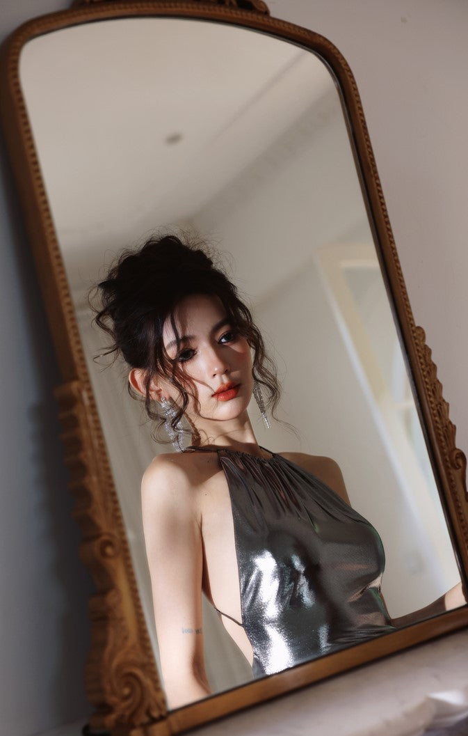 DOLLY Elegant Liquid Sliver Chinese Style Halter Neck Body Hug Long Cocktail Dress-MARBLE (V)