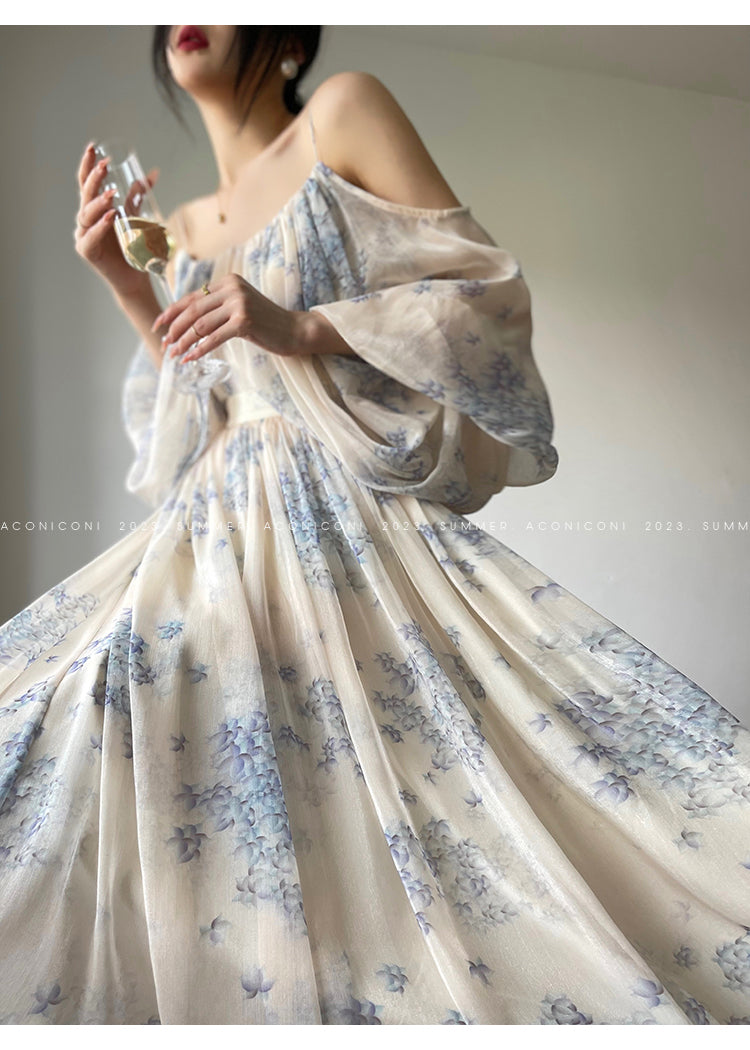 Aconiconi| Slip Off-the-Shoulder Top Skirt - Flower fairy