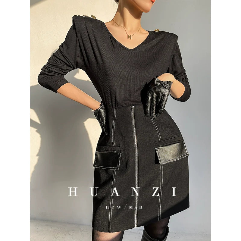 Huanzi Autumn winter foreign style zipper high-waist skirt - Riwre