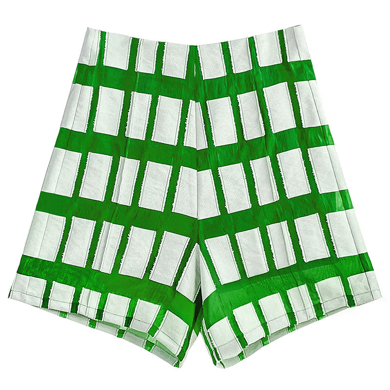 Huanzi jacquard plaid brushed green high waist short shirt - Guk