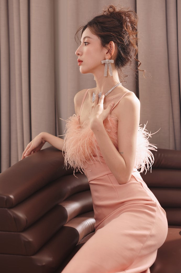 DOLLY Luxury Peach Pink Feather Tube Top Long Dinner Date Dress-VERO