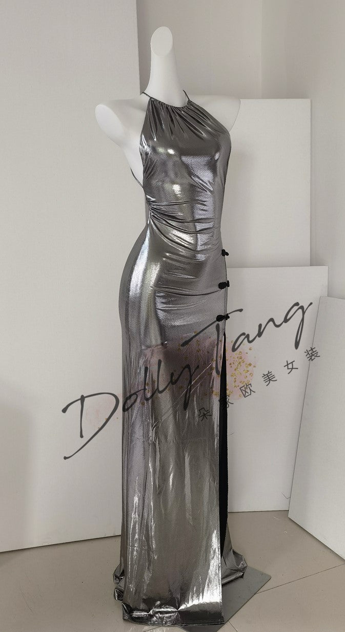 DOLLY Elegant Liquid Sliver Chinese Style Halter Neck Body Hug Long Cocktail Dress-MARBLE (V)