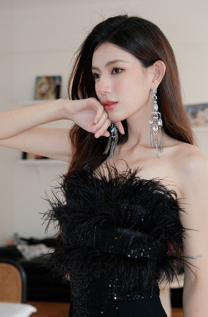 DOLLY Elegant Black Sleeveless Feather Tube Top Sequin Long Cocktail Dress-KYVELI (V)