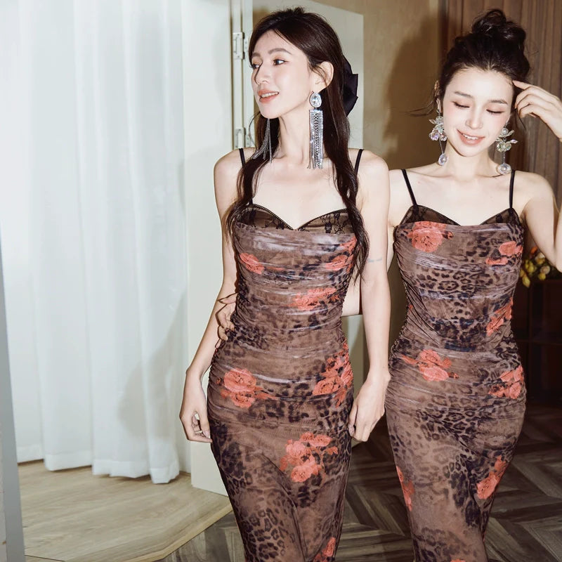 DOLLY High End Retro Printed Lace Stitch Pleated Slim Fit Sexy Party Dress-ELECTRA