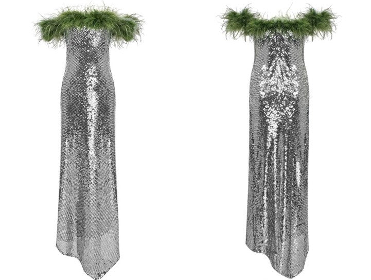 DOLLY Luxury Sliver Retro Style Green Feather Tube Top Long Glitter Party Dress-THEKLA
