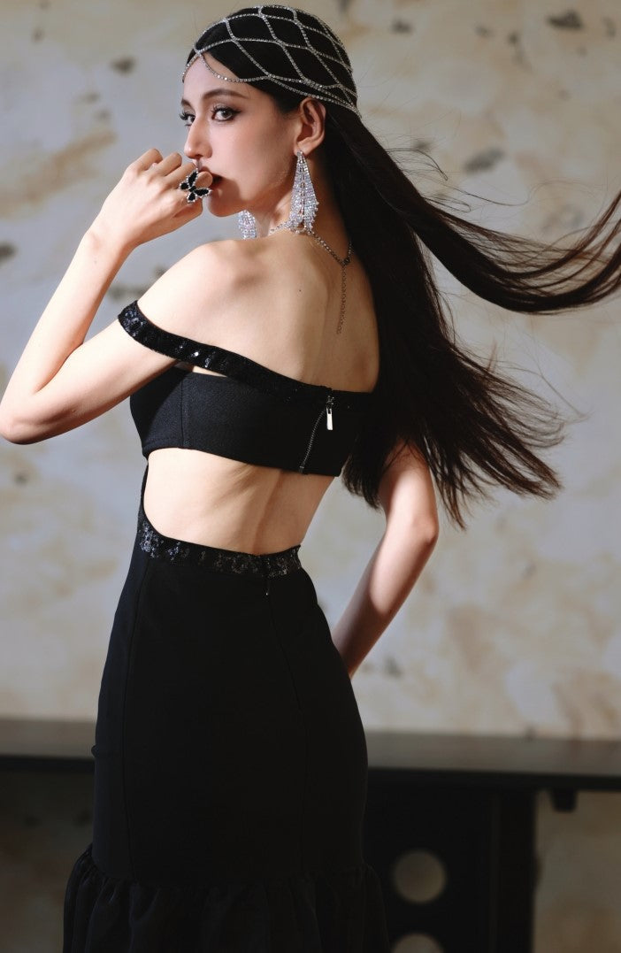 DOLLY High End Black Off Shoulder Sequin Tube Top Long Banquet Dress-Maris
