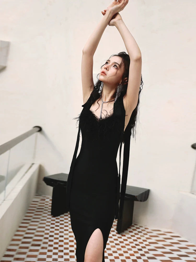 DOLLY Elegant Black French Style Body Shape Suspender Dinner Dress-LENA (V)