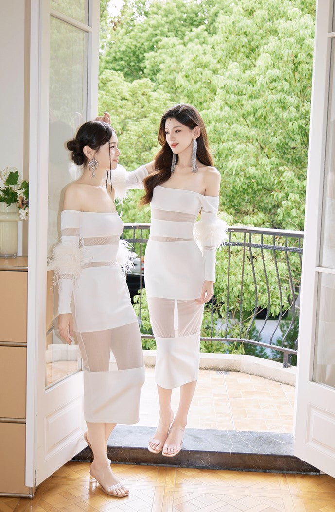 DOLLY Elegant White French Style Off Shoulder Feather Long Sleeves Slim Fit Dress-DAISIES(V)