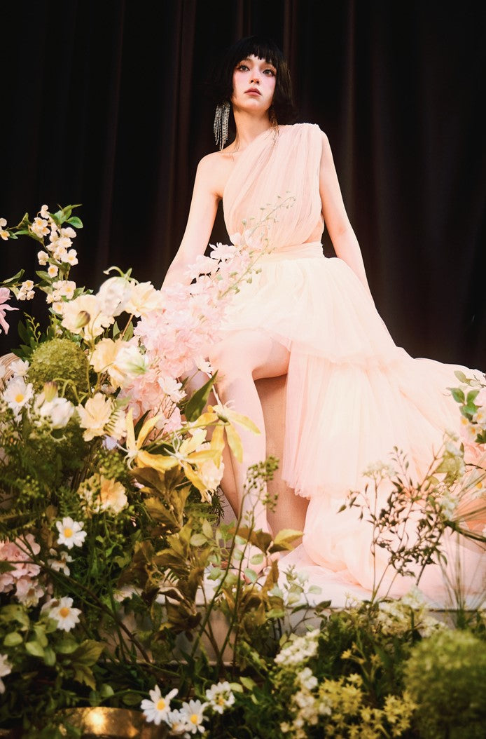 DOLLY Elegant Peach Mesh Off Shoulder Sleeveless High Waist Tutu Dress-MEDUSA (V)
