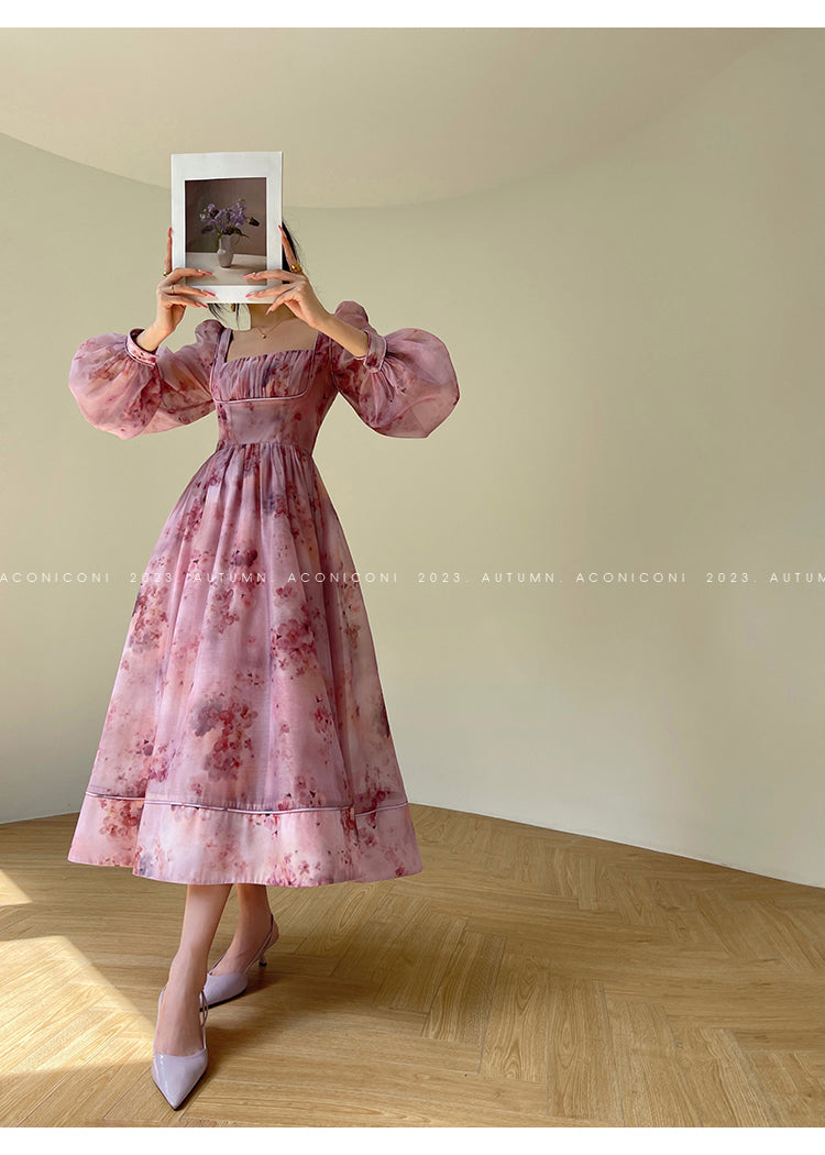 Aconiconi| French dress printed fairy long sleeves dress -Begonia Never Sleeps