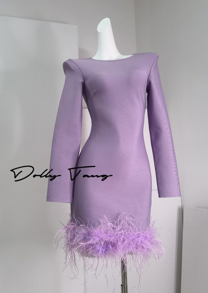 DOLLY Elegant Purple Fluffy Feather Long-Sleeve Dinner Dress-LEEN