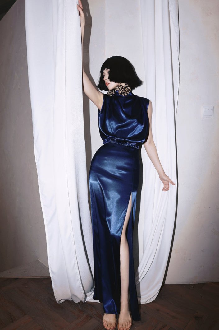 DOLLY Luxury Navy Blue Mock Neck Sleeveless Satin Long Slit Cocktail Dress-PRIYA