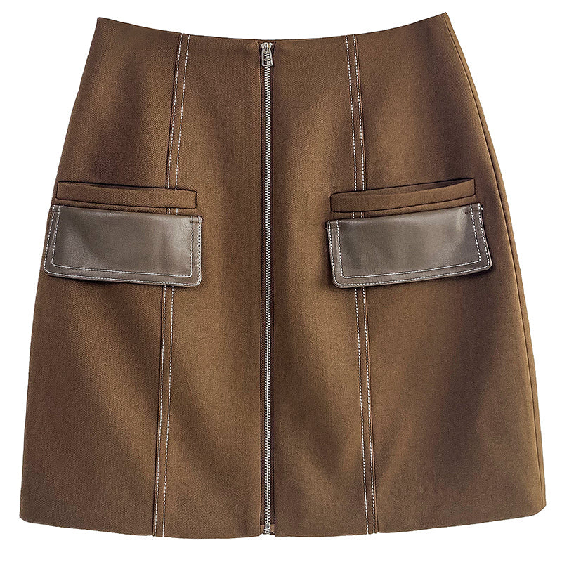 Huanzi Autumn winter foreign style zipper high-waist skirt - Riwre