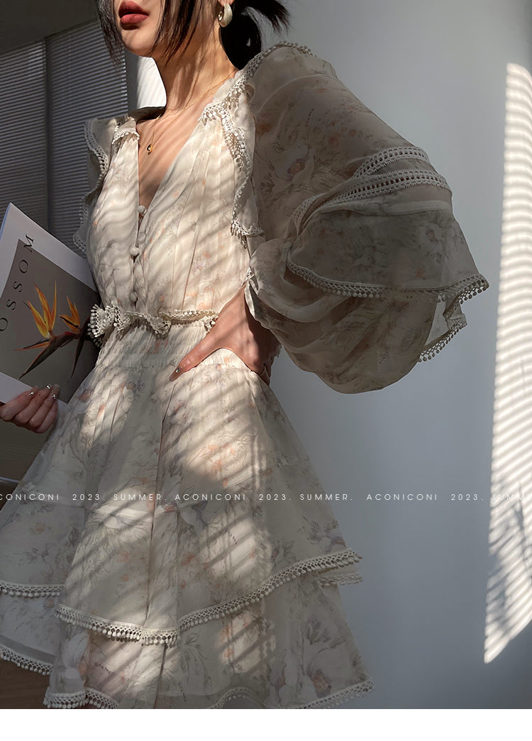 Aconiconi Elegant V-Neck Palace Sleeve Short layered  Dress-Lanshan Qimeng