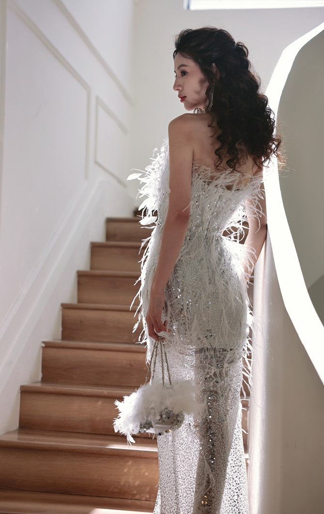 DOLLY Sliver White Feather Tube Top Long Slit Wedding Guest Dress-AGNES