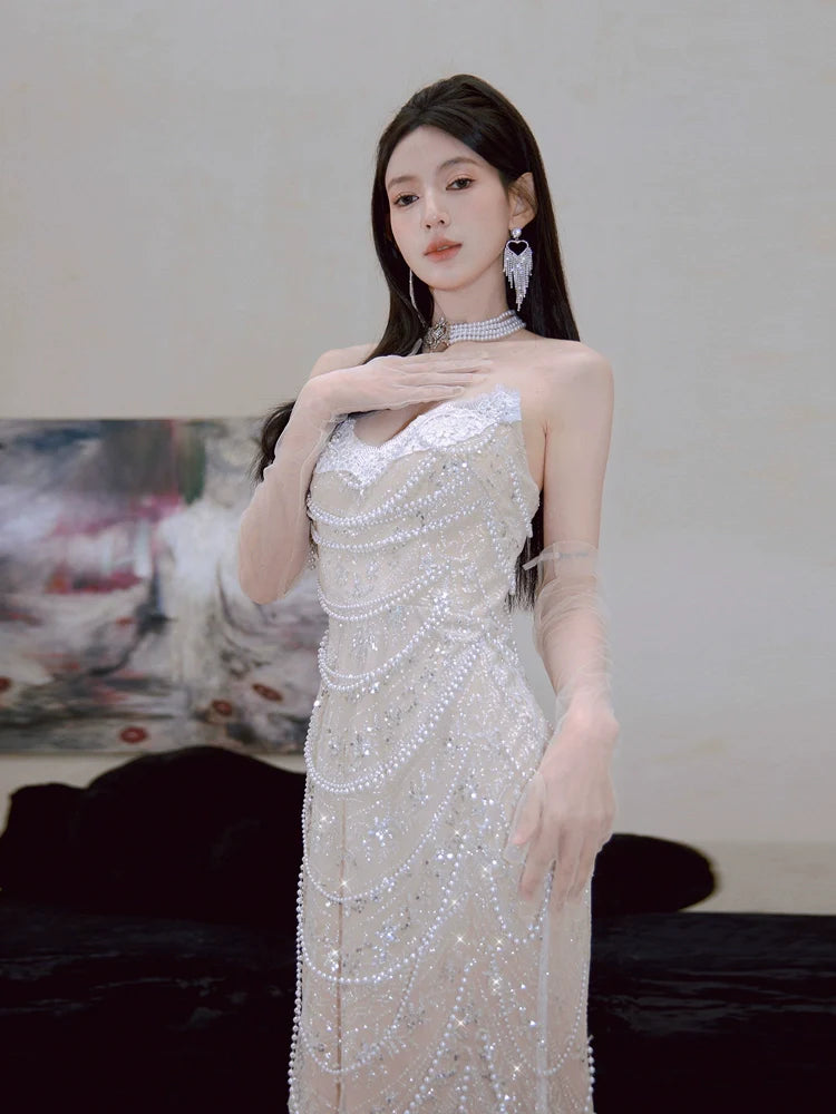 DOLLY Luxury Off White Retro Beaded Tube Top Sequin Long Wedding Dress-MARKU