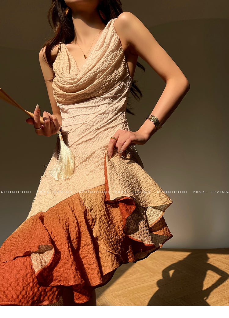 Aconiconi Luxury Sleeveless cowl neck ombre pleated hem Dress- Long Island Iced Tea