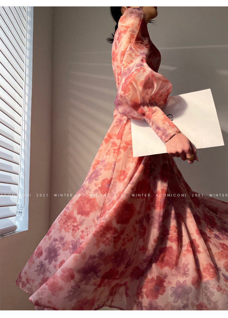 Aconiconi Elegant Purple Floral Print V-Neck Shirt Sleeves High Waist Dress-Pilore