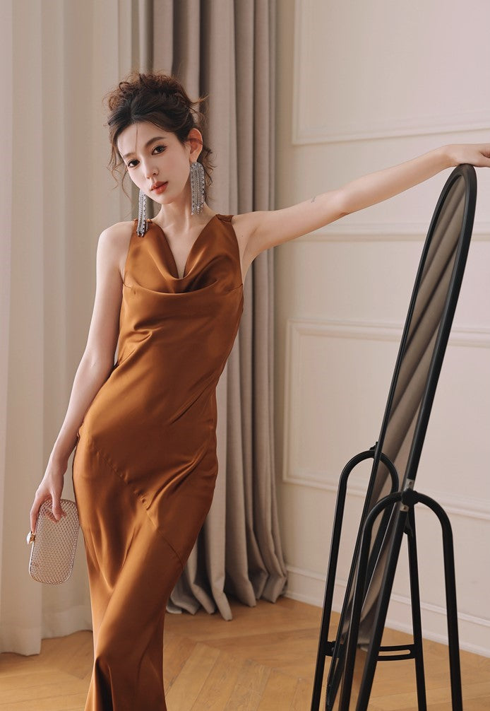 DOLLY Elegant Brown Retro Sleeveless Halter Neck Long Cocktail Dress-GIDDY