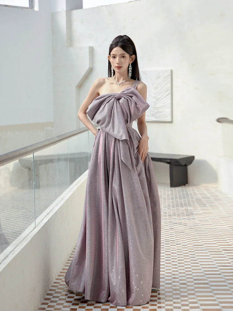DOLLY Elegant Purple Off Shoulder Bow Sequin Long High Waist Cocktail Dress-TESSA (V)