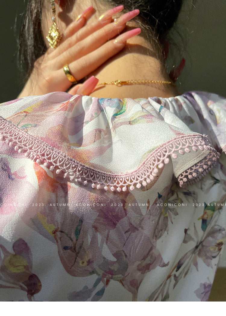 Aconiconi| High end designer printed top shirt + A-line skirt suit - Hyacinth