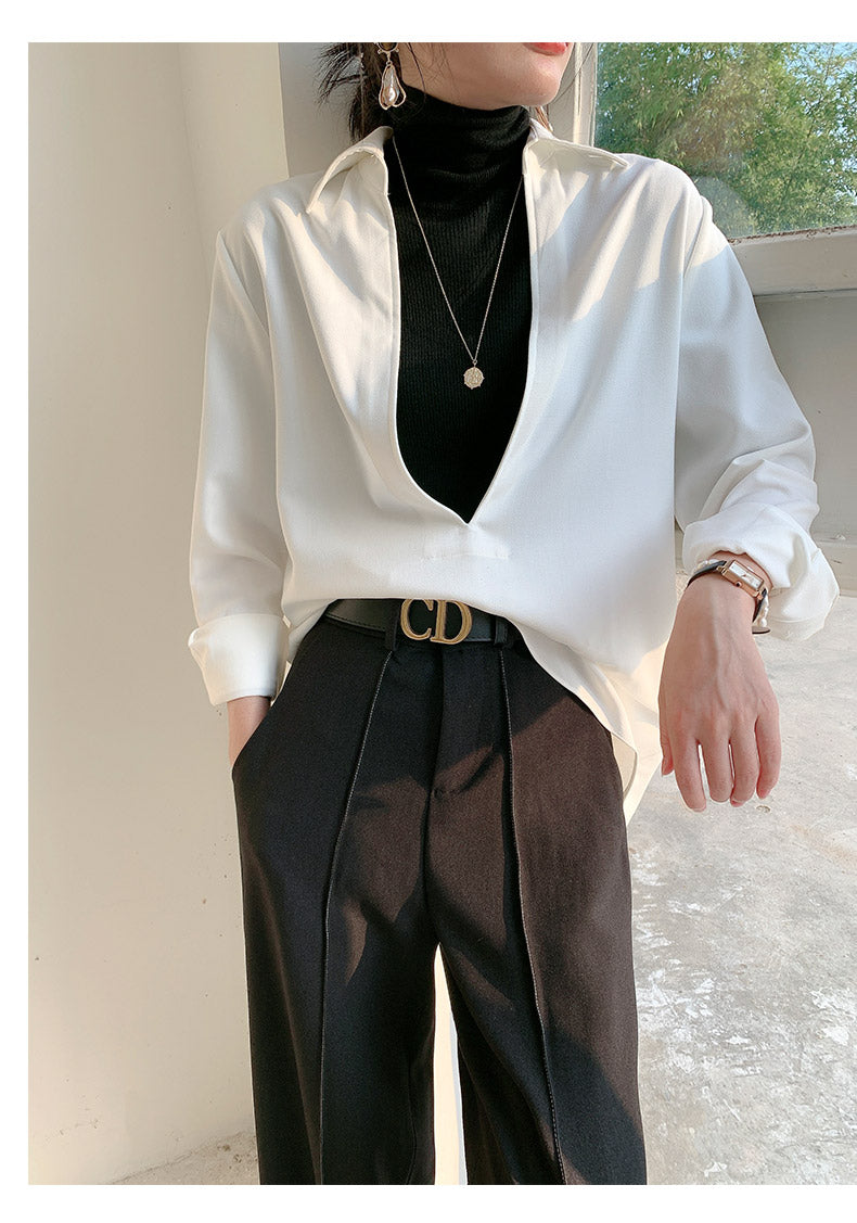 White V-neck v neck shirt long-sleeved shirt -Mmia