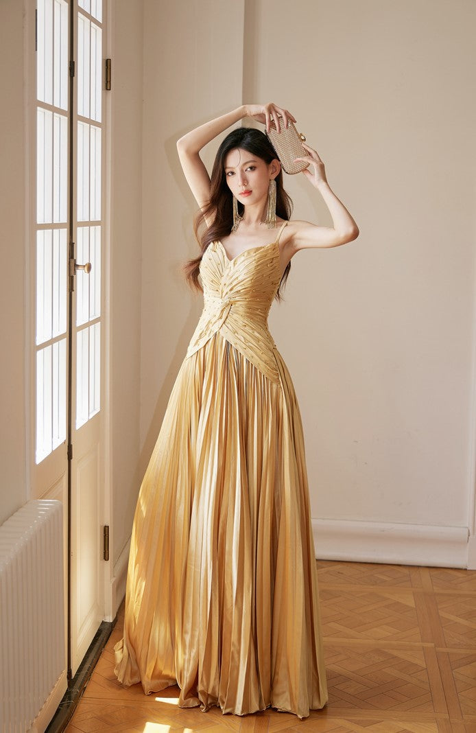 DOLLY Elegant Gold Sleeveless Beaded Pleated Large Swing Dress-GRACIA (V)
