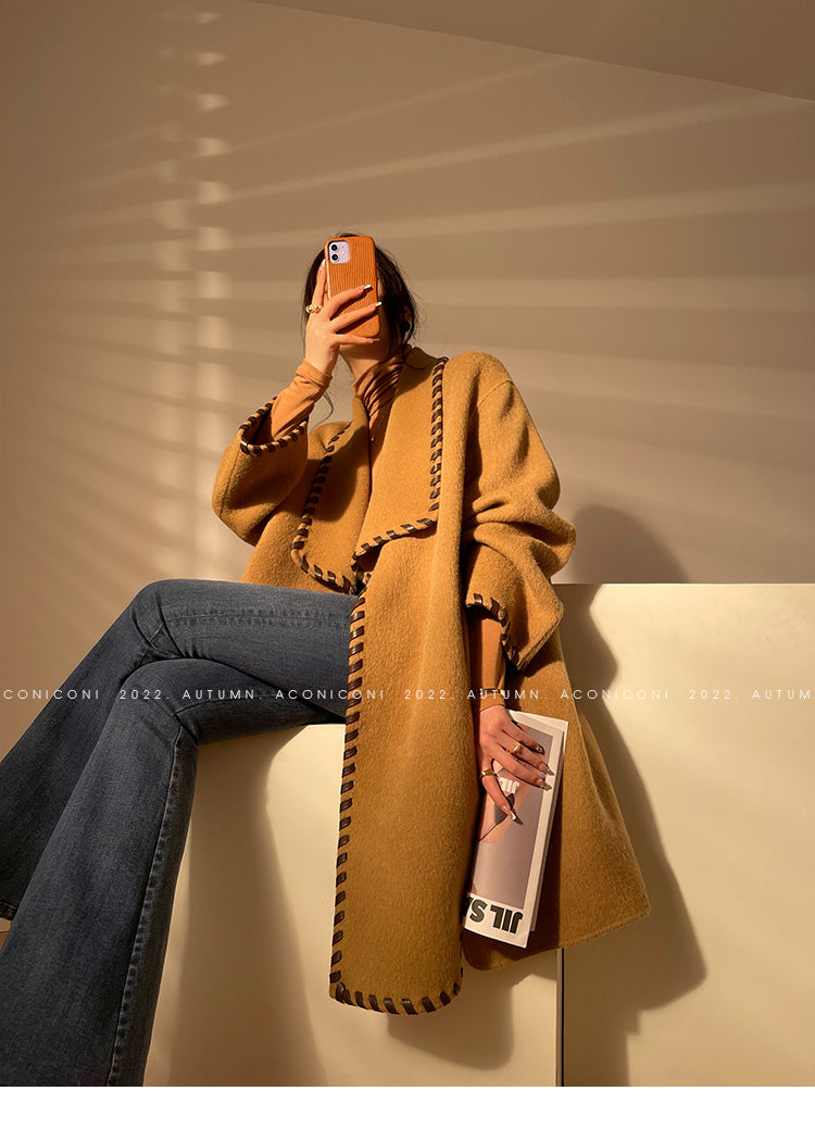 Aconiconi| Full wool coat classic double-sided wool woven belt coat -Nocturne