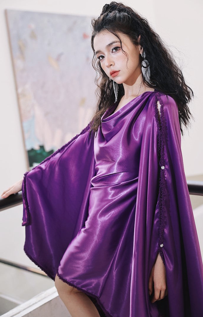 DOLLY Elegant Deep Purple Off Shoulder Swing Collar Short Party Dress-PREETI