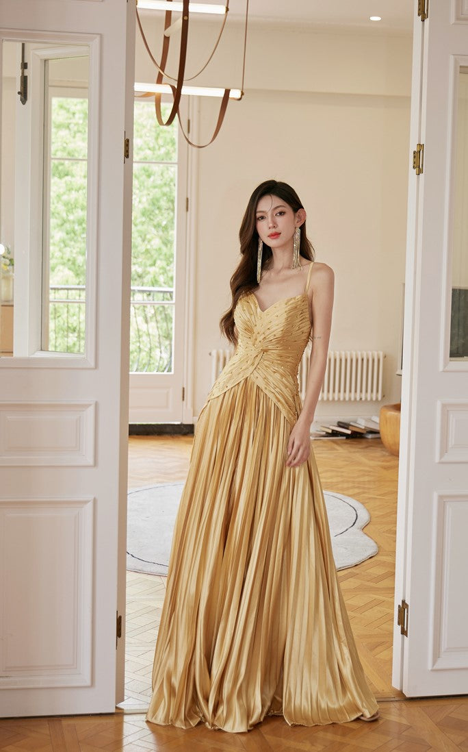DOLLY Elegant Gold Sleeveless Beaded Pleated Large Swing Dress-GRACIA (V)