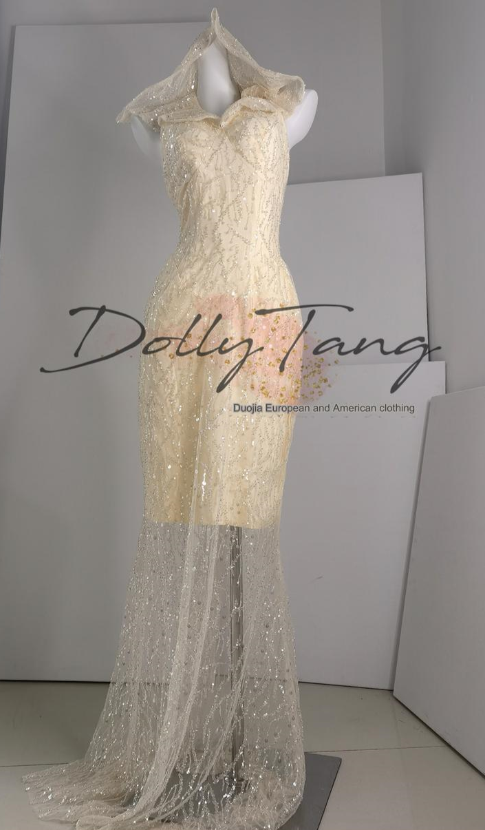 DOLLY High End Beige Ins Style V-Neck Sleeveless Long Lace Dinner Dress-BEVA