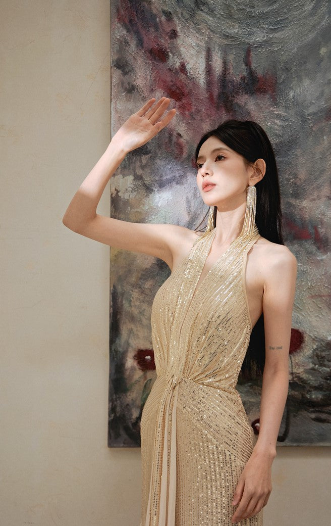DOLLY Elegant Gold Sleeveless Halter Neck Long Fish Tail Banquet Dress- Carly