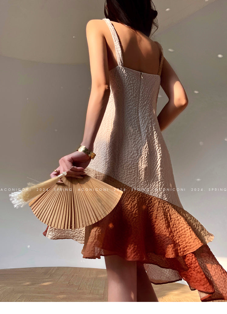 Aconiconi Luxury Sleeveless cowl neck ombre pleated hem Dress- Long Island Iced Tea