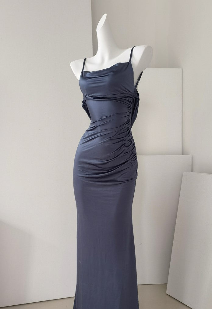 DOLLY Luxury Backless Suspender Satin Slim Fit Long Dinner Dress-MOLLY