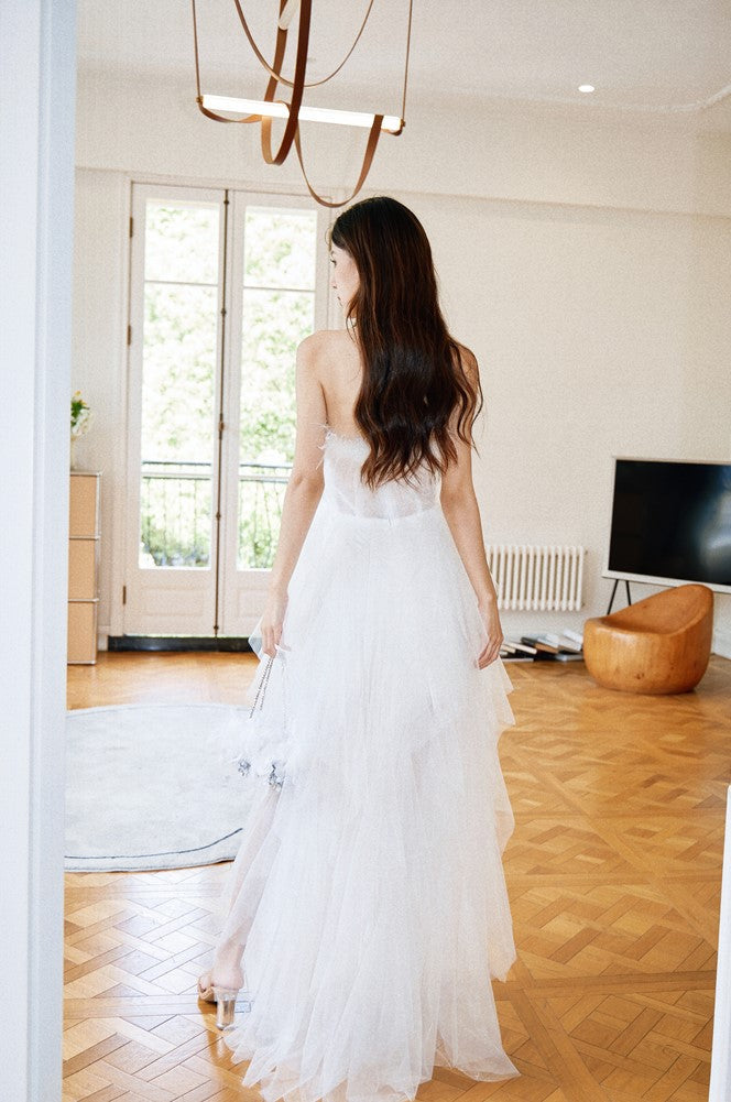 DOLLY Elegant White French Style Feather Chest Wrap Wedding Dress-MARIA (V)