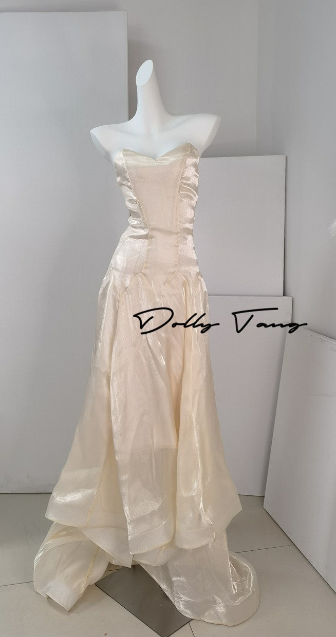 DOLLY High End Cream Sleeveless satin slip flow Wedding Dress-SONNI