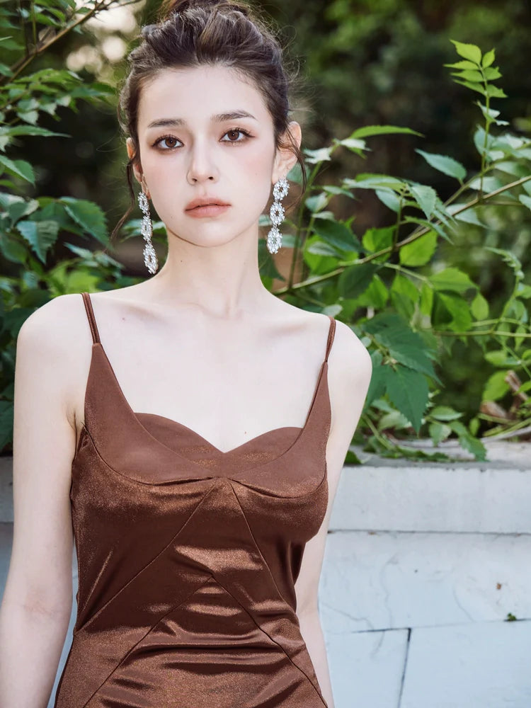 DOLLY Elegant Brown Sleeveless Satin Slim Fit Hip Hug Long Dinner Dress-CRESSIDA