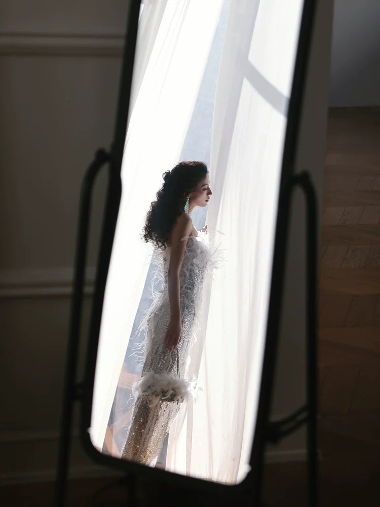 DOLLY Sliver White Feather Tube Top Long Slit Wedding Guest Dress-AGNES