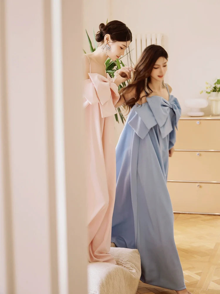 DOLLY Luxury Pink/Blue Sleeveless Big Bow Long Loose Resort hanbok Dress-JIJI