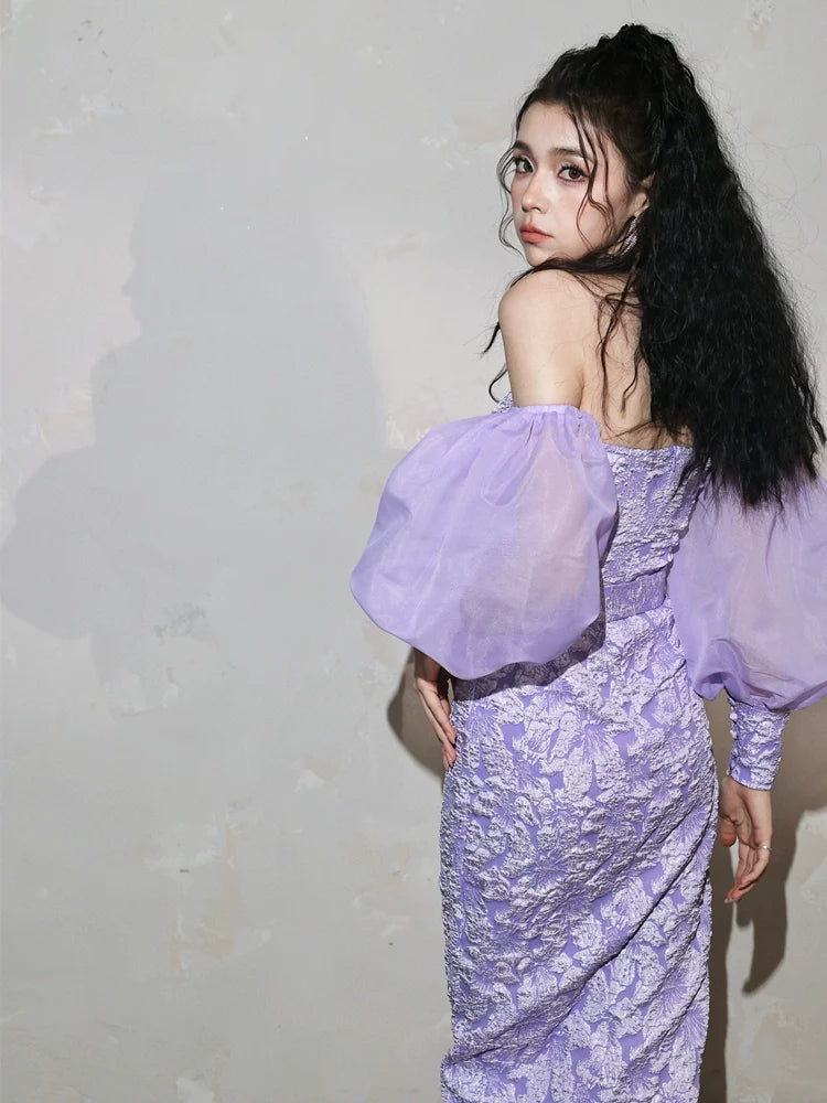 DOLLY Elegant Purple Puff Long Sleeve Off Shoulder Dinner Dress-GRISLLE