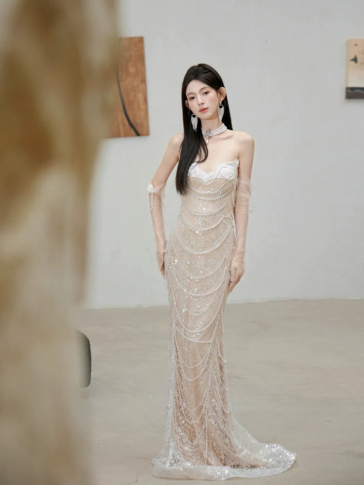 DOLLY Luxury Off White Retro Beaded Tube Top Sequin Long Wedding Dress-MARKU