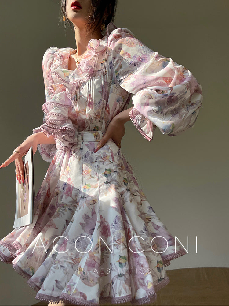 Aconiconi| High end designer printed top shirt + A-line skirt suit - Hyacinth