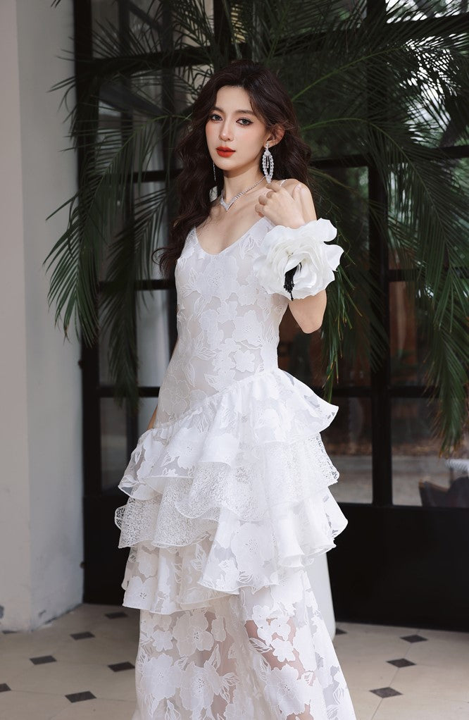 DOLLY Elegant White Flower Embroidery Lace Ruffle Layered Dinner Dress-DAISY (V)