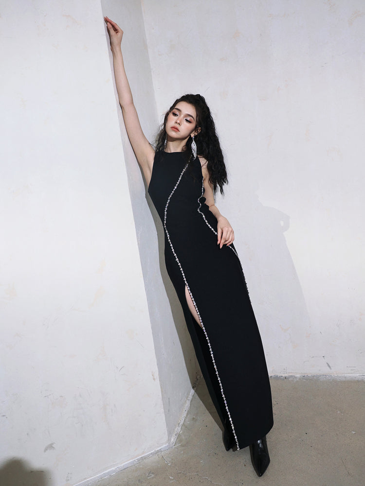 DOLLY Elegant Black Rhinestone Sleeveless Slim Fit Long Slit Dinner Dress-ALORA (V)