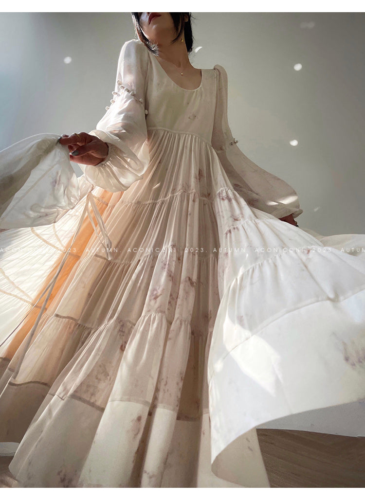 Aconiconi| French print fairy vacation loose chiffon long dress - Huanxi dream